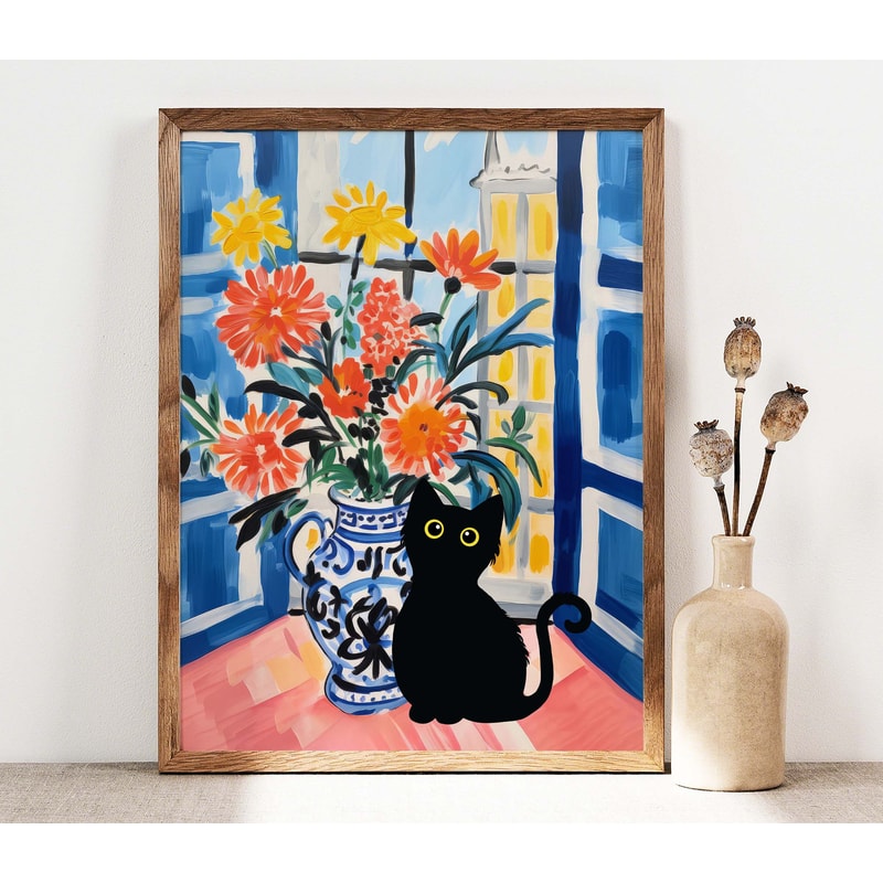Black Cat Print, Matisse Flowers Cat Poster, Cat Art, Floral Print, Funny Cat, Funny gift, Home decor Poster, Black Kitten Gift Idea C002.jpg