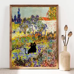 black cat art, van gogh garden cat print, cottage flowers black cat poster, funny cat print, funny gift idea cat in famo