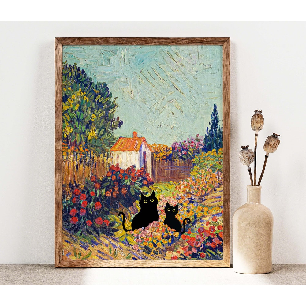 Black Cat Art, Van Gogh Garden Cat Print, Cottage Flowers Black Cat Poster, Funny Cat print, Funny gift Idea Two Back Cats Painting PS0516.jpg