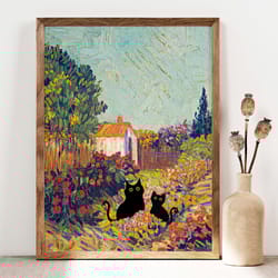 black cat art, van gogh garden cat print, cottage flowers black cat poster, funny cat print, funny gift idea two back ca