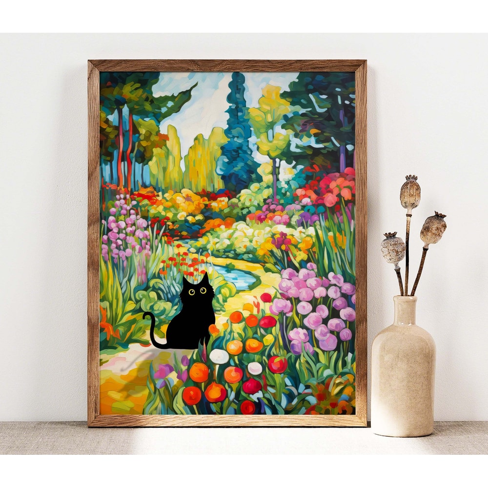 Black Cat Print, Garden Flower Field Cat Poster, Cat Art, Floral Print, Funny Cat print gift, Fowers Poster, Black Kitten Gift Idea PS0510.jpg