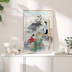 caring for the chrysanthemums 1887 poster, ogata gekko art poster, garden geisha japanese art print, flowers vintage wal