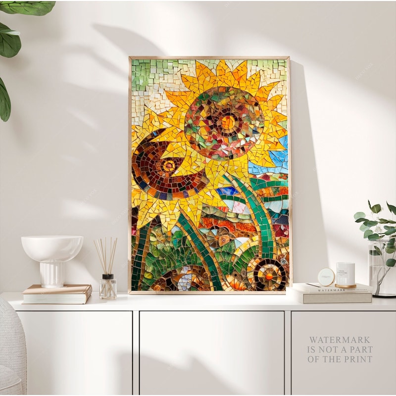 Antoni Gaudi Mosaic Poster, Sunflowers Print, Flowers Abstract Art, Modern Expressionism Art, Botanical Marble Modern Wall Art, Gift PS0403.jpg