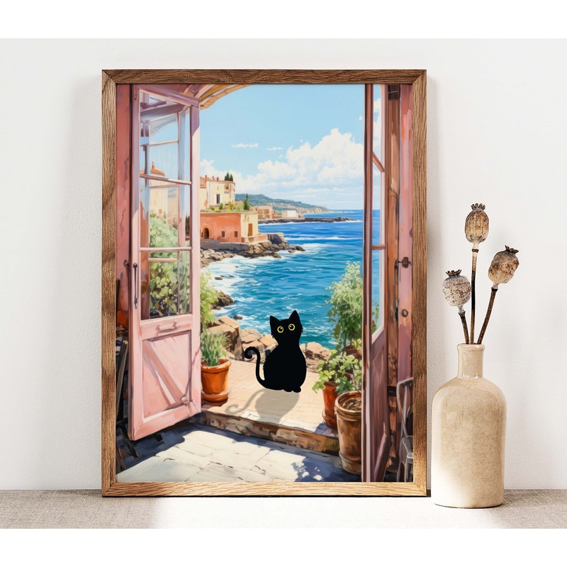 Black Cat Print, Open Window Cat Poster, Cat Art, Floral Print, Funny Cat print, Funny gift, Home decor Poster, Black Kitten Gift Idea C001.jpg