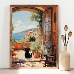 black cat print, open window cat poster, cat art, floral print, funny cat print, funny gift, home decor poster, black ki