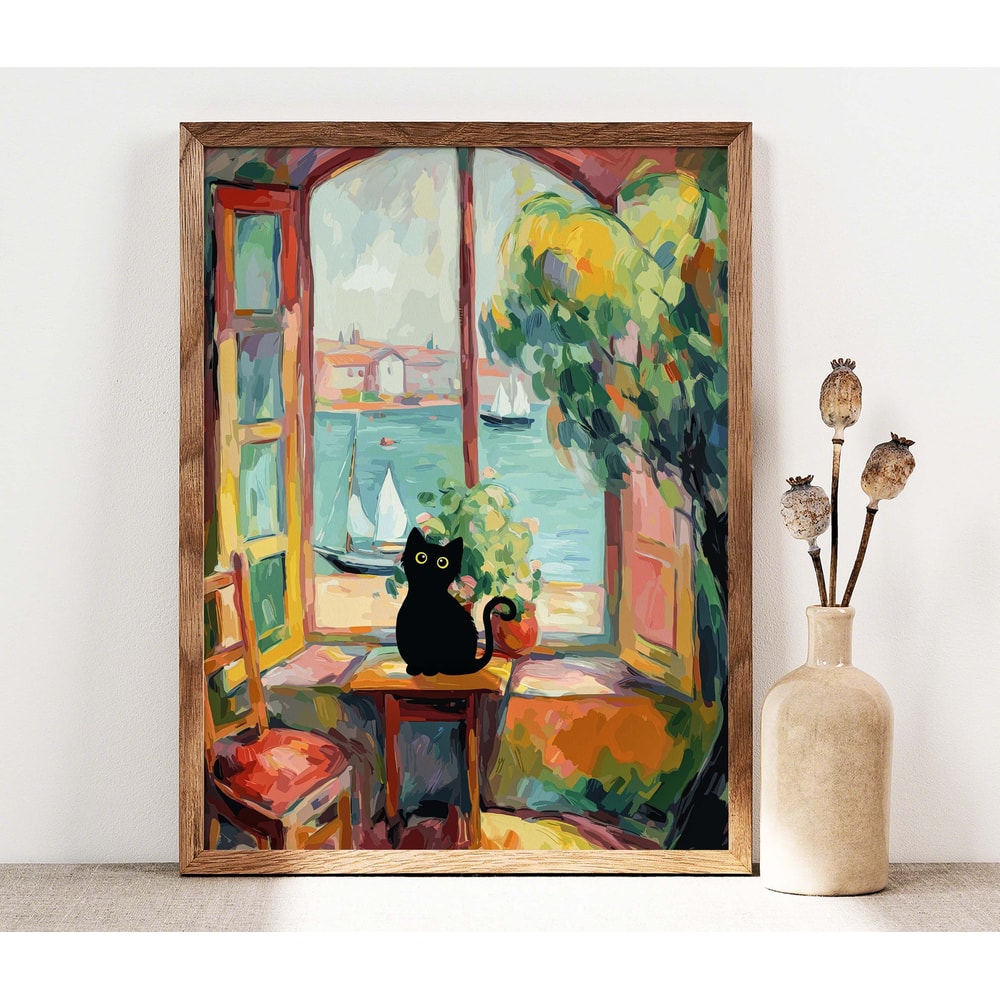 Black Cat Print, Open Window Cat Poster, Cat Art, Floral Print, Funny Cat print, Funny gift, Home decor Poster, Black Kitten Gift Idea C004.jpg