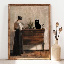 black cat print, reading woman with black cat poster, cat art, funny cat print gift, rustic poster, black kitten gift id