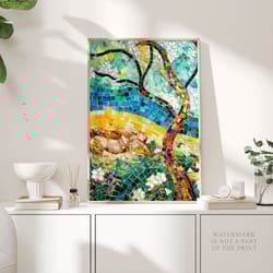 antoni gaudi mosaic poster, almond blossom print, abstract art, modern expressionism art, botanical marble modern wall a