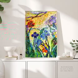 antoni gaudi mosaic poster, irises print, flowers abstract art, modern expressionism art, botanical marble modern wall a