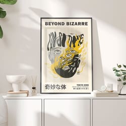 beyond bizarre poster, surreal print, bizarre body eyes on fire, trippy psychedelic poster, mystic poster, yellow black,