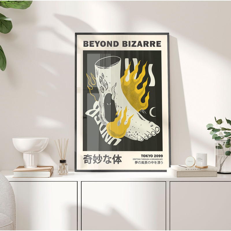 Beyond Bizarre Poster, Surreal print, Bizarre body foot on fire, Trippy Psychedelic Poster, Mystic poster, Rave poster, Gallery wall PS0230.jpg