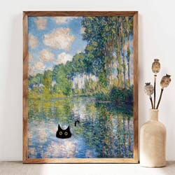 black cat art poster, monet swimming cat print, claude monet cat poster, cat art, funny cat print, funny gift idea, home