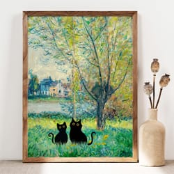 black cat art, monet cat print, two black cats poster, cat art, funny cat print, cat and kitty funny gift idea cat in fa