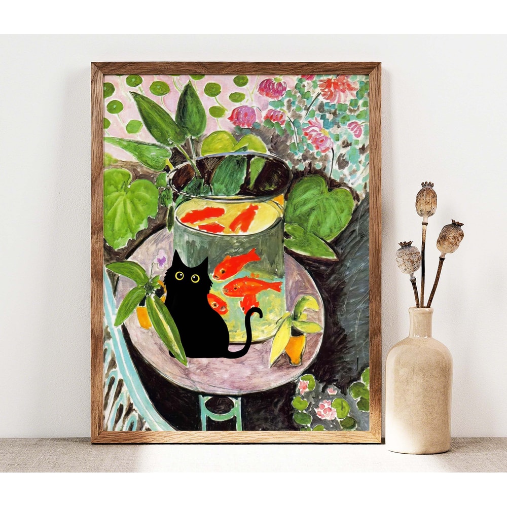 Black Cat Print, Matisse Goldfish Cat Poster, Fishbowl Black Cat Art Floral Print, Funny Cat print, Funny gift Idea Home decor Poster PS0431.jpg