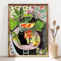 black cat print, matisse goldfish cat poster, fishbowl black cat art floral print, funny cat print, funny gift idea home