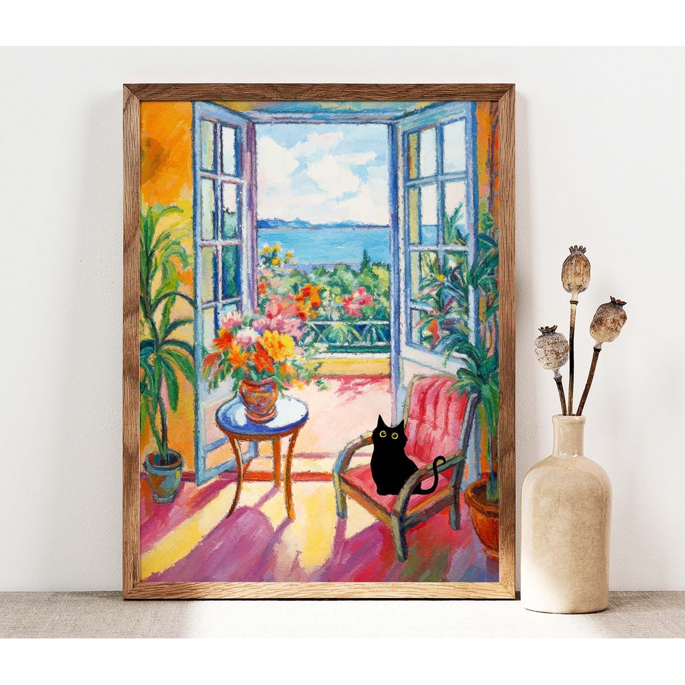 Black Cat Print, Open Window Cat Poster, Cat Art, Floral Print, Funny Cat print gift, Fowers Poster, Black Kitten Gift Idea, Wall Art PS0511.jpg