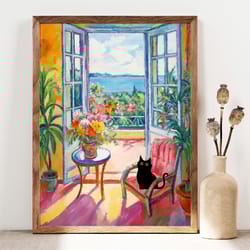 black cat print, open window cat poster, cat art, floral print, funny cat print gift, fowers poster, black kitten gift i