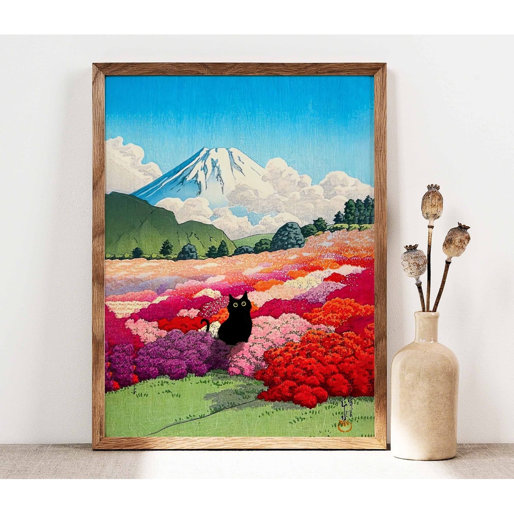 Black Cat Mount Fuji from an Azalea Garden Poster, Landscape Poster, Fuji Mountain Art Print, Japanese Art, Flowers Print, Gift Idea PS0308-1.jpg