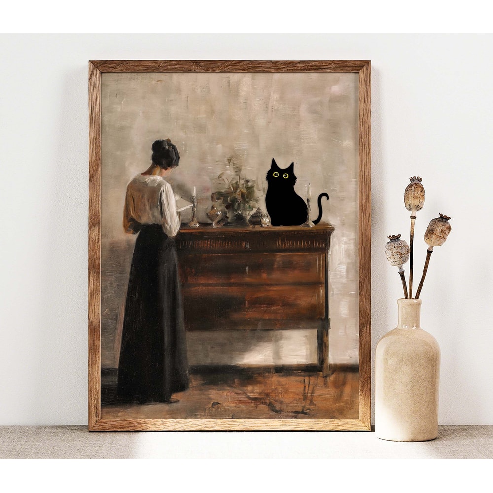 Black Cat Print, Reading Woman With Black Cat Poster, Cat Art, Funny Cat print gift, Rustic Poster, Black Kitten Gift Idea, Wall Art PS0512-1.jpg