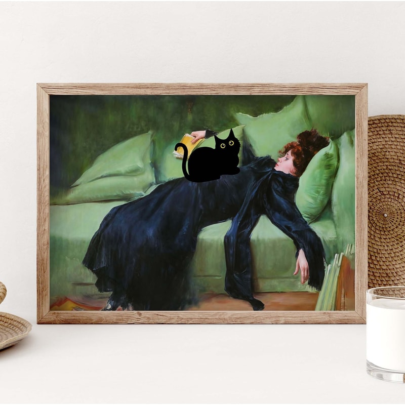 Black Cat Print, Decadent young woman Cat Poster, Ramon Casas Cat Art, After the dance Funny Cat print, Funny gift, Home decor Poster PS0451-1.jpg