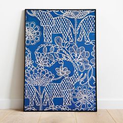 elephant paisley art, tapestry poster prints, blue living room decor, printable, bohemian painting