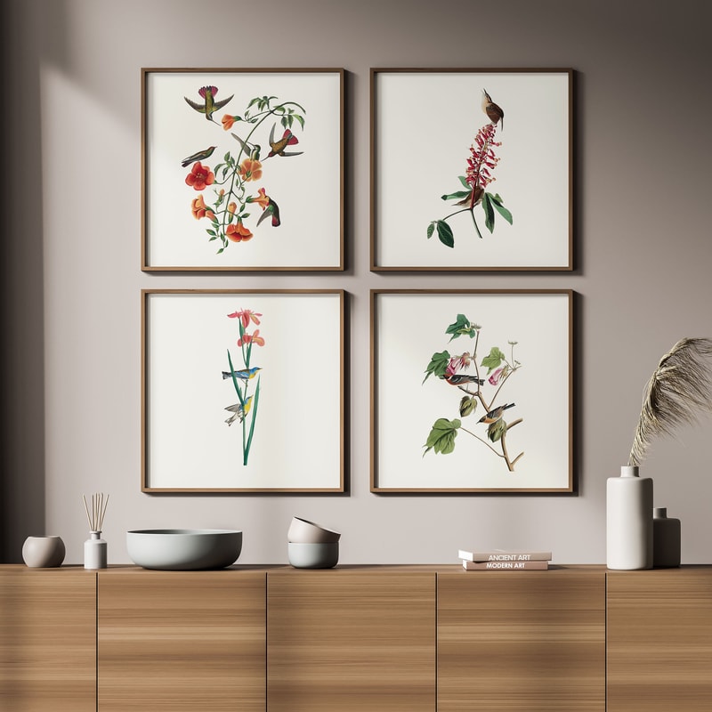 Floral Wall Art Set of 4, Living Room Bedroom Decor, Nature Painting, Digital Download, Vintage Drawings, Gallery Wall Art.jpg