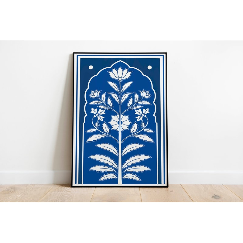 Blue Indian Mughal Palace Art, Floral Prints, Living Room decor, Printable, Indian Vintage Pichwai Painting, Poster, Wall Art.jpg