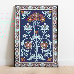 blue indian floral art print, living room decor, printable, indian vintage,mughal floral poster, wall art, traditional p