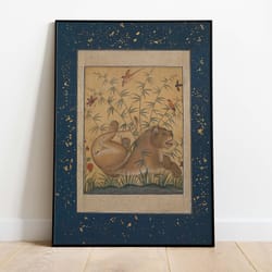 mughal lioness wall art, living room decor, indian painting, indian vintage royal art, wall art