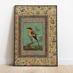 vintage mughal bird wall art, living room decor, indian painting poster, wall art, islamic wall art