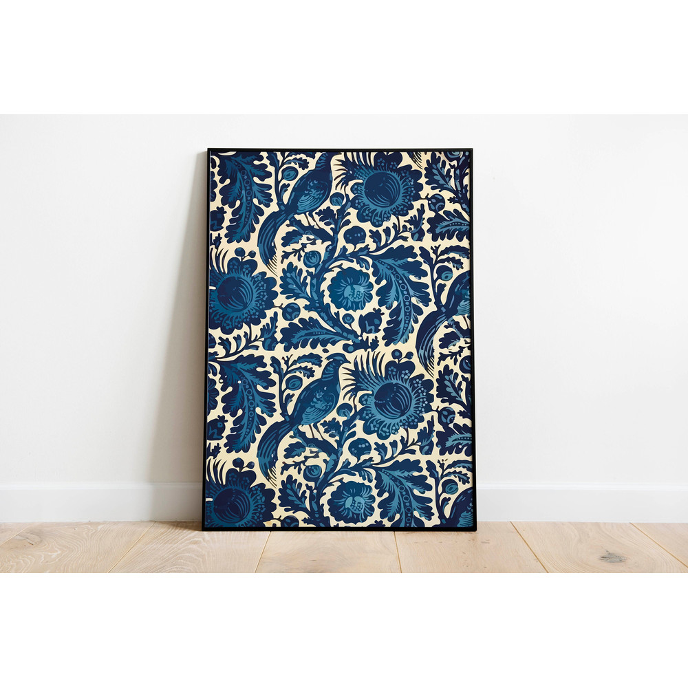 Vintage Indian Floral Print, Living Room decor, Indian Painting, Blue Poster, Wall Art, Birds Print, Boho Wall Art.jpg