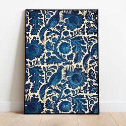vintage indian floral print, living room decor, indian painting, blue poster, wall art, birds print, boho wall art