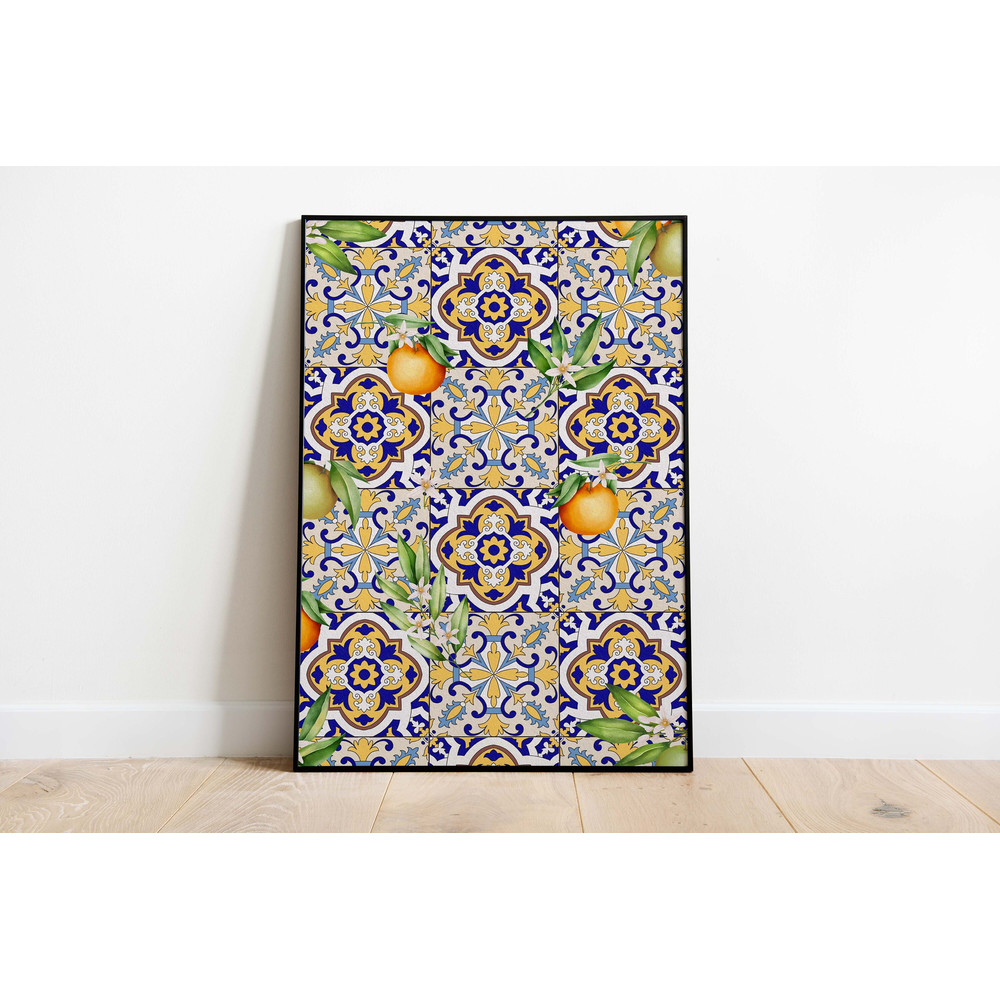 Moroccan Tiles Wall Art, Kitchen Dining Room Decor, Printable Poster, Instant Download, Blue & Yellow Poster, Lemon Paintings.jpg