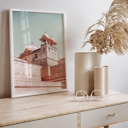 neutral indian palace, jaipur city fort wall art, rajasthan travel art, living room decor, digital download poster, indi