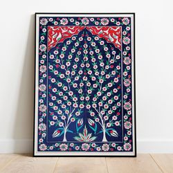 turkish vintage art poster, tree of life, floral print, wall decor, housewarming gift, floral , abstract painting, blue,