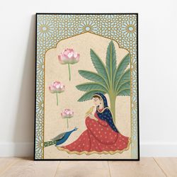 peacock and princess indian art, floral & nature prints, living room decor, printable, indian lotus digital art, poster,