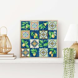 moroccan wall art, living room decor, lemon kitchen wall art, printables, instant download, blue & yellow poster, painti