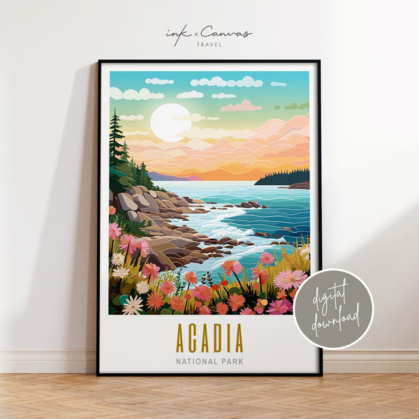 Acadia National Park Poster  Digital Download  Maximalist Art Print Serene Landscape Print Gift For Nature Lover Vibrant Colorful Wall Art.jpg
