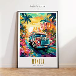 Manila Travel Poster  Filipino Artwork Jeepney Art Print Philippines Gift Maximalist Art Print Vibrant Colorful Wall Art