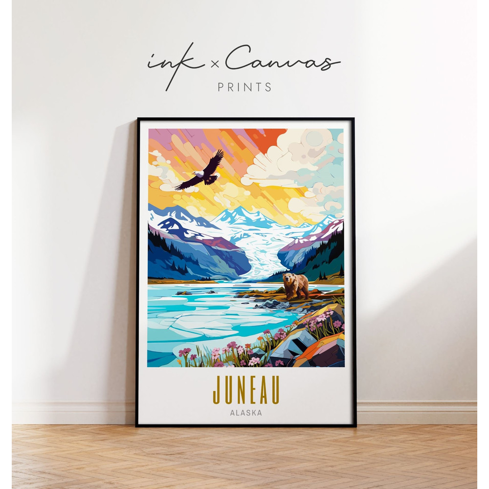 Juneau Alaska Travel Poster Maximal Decor Mid Century Modern Wall Art Alaska Landscape Print Glacier Poster Eclectic Wall Digital Download.jpg