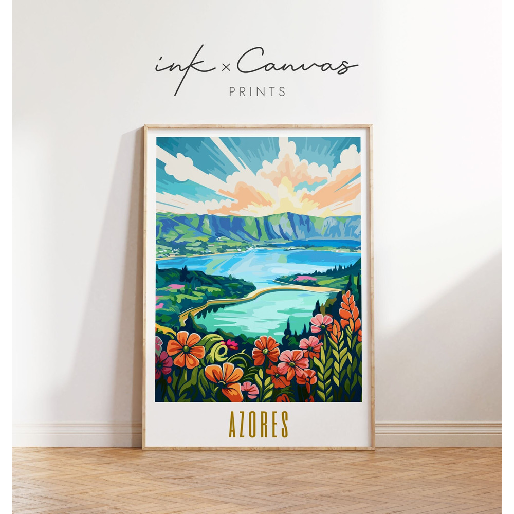 Azores Travel Poster Lagoa Das Sete Cidades Azores Portugal Print Maximal Decor Mid Century Modern Wall Art Eclectic Decor Digital Download.jpg