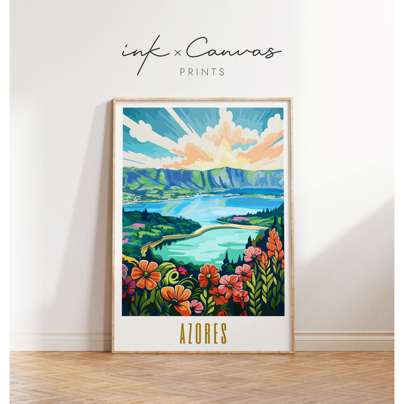 Azores Travel Poster Lagoa Das Sete Cidades Azores Portugal Print Maximal Decor Mid Century Modern Wall Art Eclectic Decor Digital Download.jpg