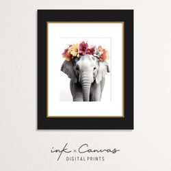 baby elephant nursery wall decor safari animal wall art jungle nursery floral crown baby shower gift printable still pho