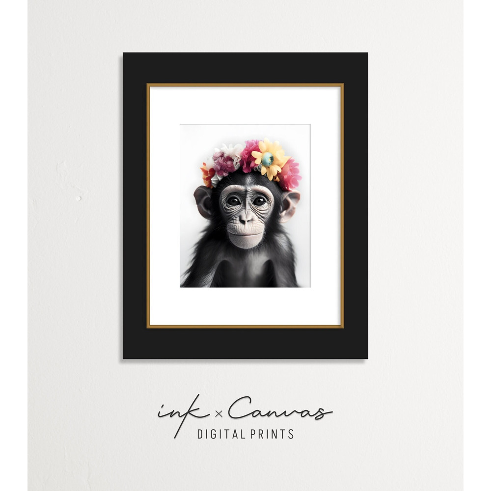 Baby Monkey Nursery Wall Decor Safari Animal Wall Art Jungle Nursery Floral Crown Baby Shower Gift Printable Photo Realism Digital Download.jpg