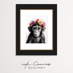 baby monkey nursery wall decor safari animal wall art jungle nursery floral crown baby shower gift printable photo reali