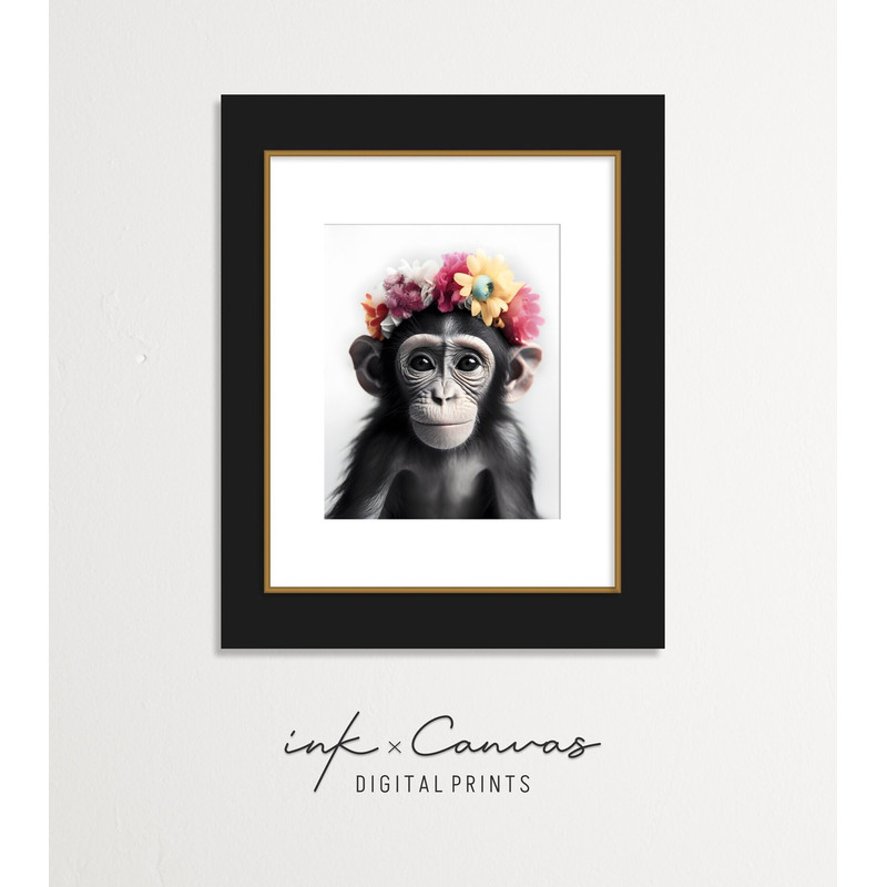 Baby Monkey Nursery Wall Decor Safari Animal Wall Art Jungle Nursery Floral Crown Baby Shower Gift Printable Photo Realism Digital Download.jpg