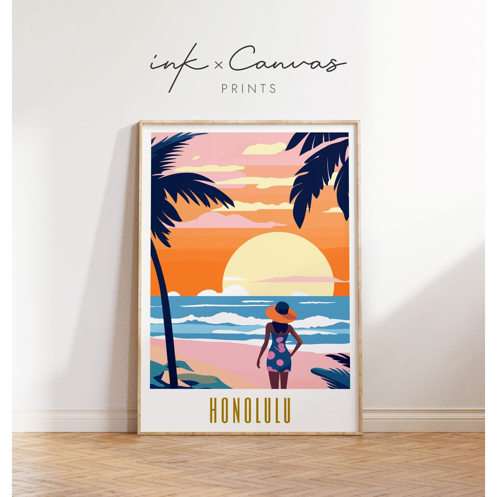 Honolulu Travel Poster Hawaii Print US Cities Wall Art Vintage Prints Hawaii Travel Poster Oahu Beach Wall Decor Retro Art Digital Download.jpg