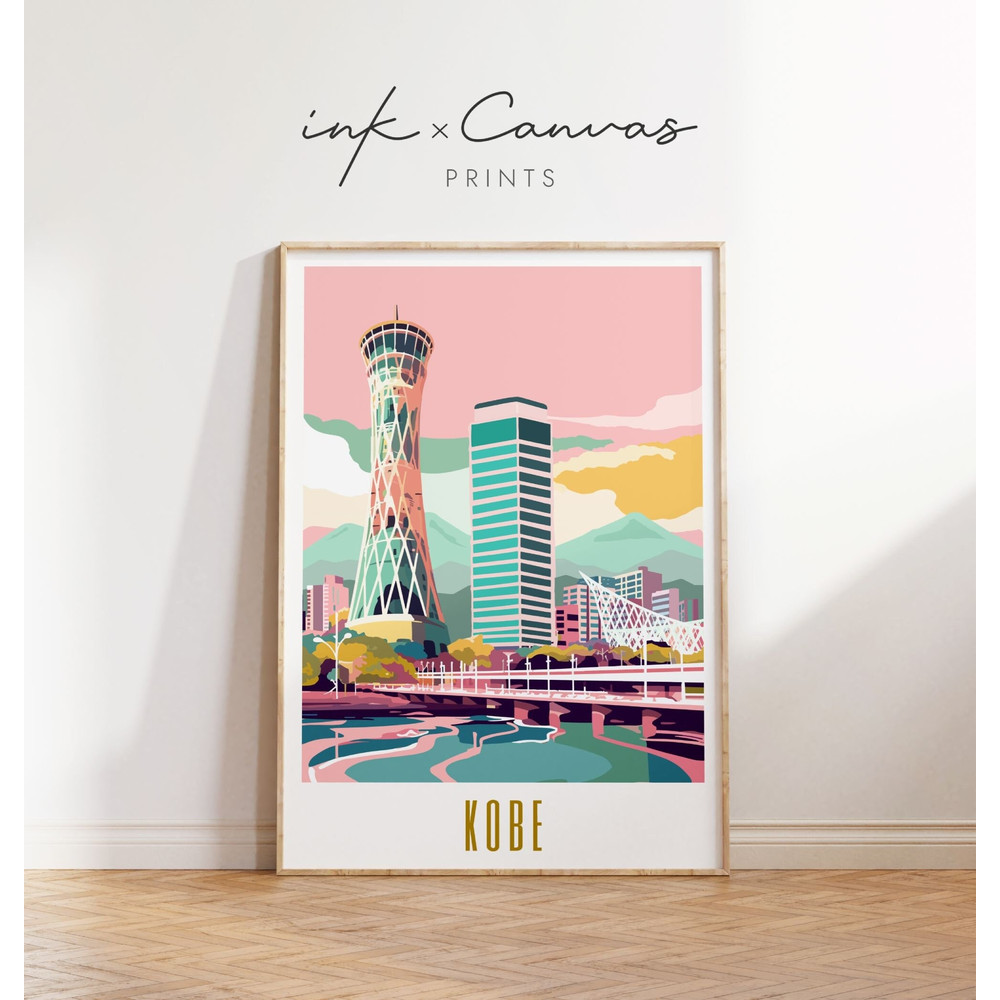 Kobe Travel Poster Japan Travel Print Kobe Port Tower Print Maximal Decor Mid Century Modern Wall Art Japan City Art Print Digital Download.jpg