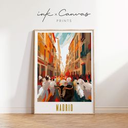 madrid travel poster spain print retro wall art running of the bulls poster printable vintage wall decor world city prin