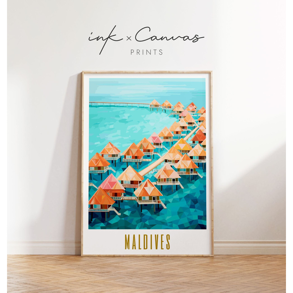 Maldives Travel Print Maximal Decor Maldives Print Mid Century Modern Wall Art Vibrant Artwork Vintage Travel Poster Beach Digital Download.jpg
